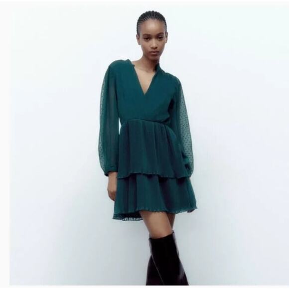 Zara Turquoise Blue Chiffon Dotted Tiered Mini Dress Size Large Long Sleeve - Picture 1 of 9